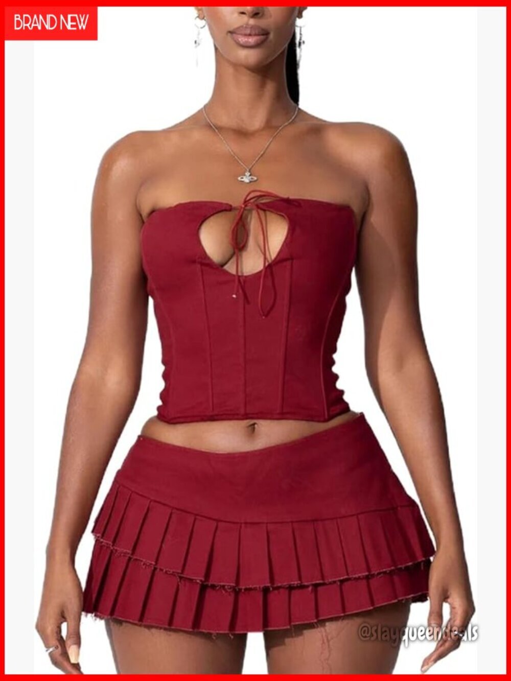 Sleeveless Cutout Tube Top and Pleated Mini Skirt Set, Size Medium, Polyester